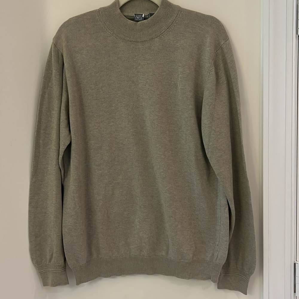 Saks Fifth Avenue Tan Brown sz L Cotton Blend Mock Neck Sweater EUC Stretch VTG - Picture 13 of 16